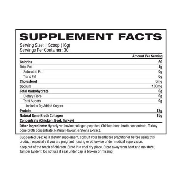 Gaspari Nutrition Colágeno Bone Broth Vainilla 480g 30 servicios informacion nutricional