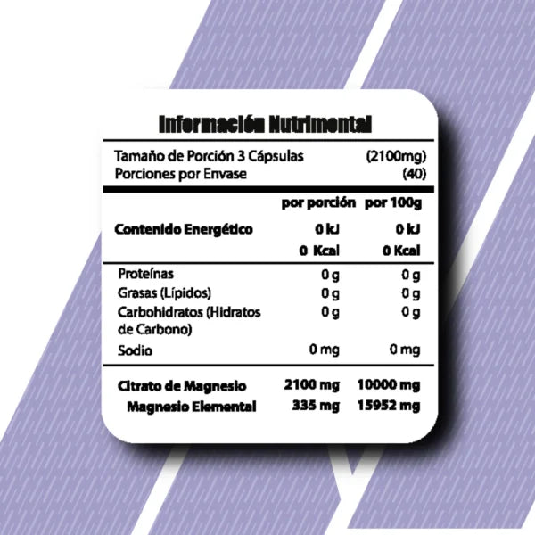 Meta Nutrition Citrato de Magnesio Premium 120 Caps 40 Servicios Informacion nutricional
