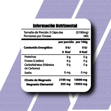 Meta Nutrition Citrato de Magnesio Premium 120 Caps 40 Servicios Informacion nutricional