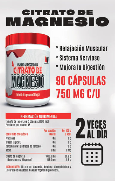 Advance Nutrition Citrato de Magnesio 820mg 90 Capsulas Informacion nutricional