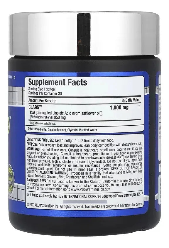 Allmax CLA 95 Ácido Linoleico Conjugado 30 Capsulas Informacion nutricional