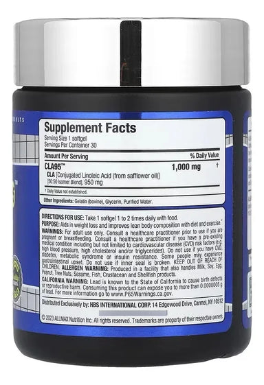 Allmax CLA 95 Ácido Linoleico Conjugado 30 Capsulas Informacion nutricional