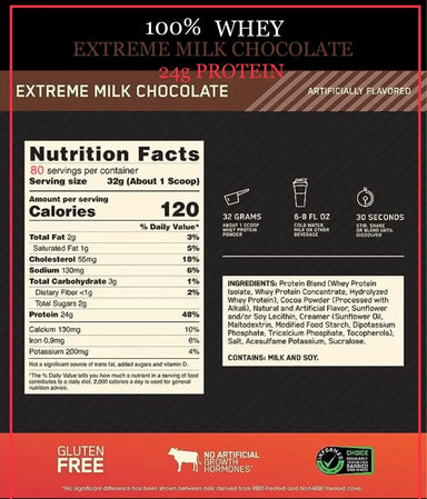 Optimum Nutrition Proteina Gold Standard 100% Whey 5.64 Lbs Sabor Extreme Milk Chocolate Informacion nutricional