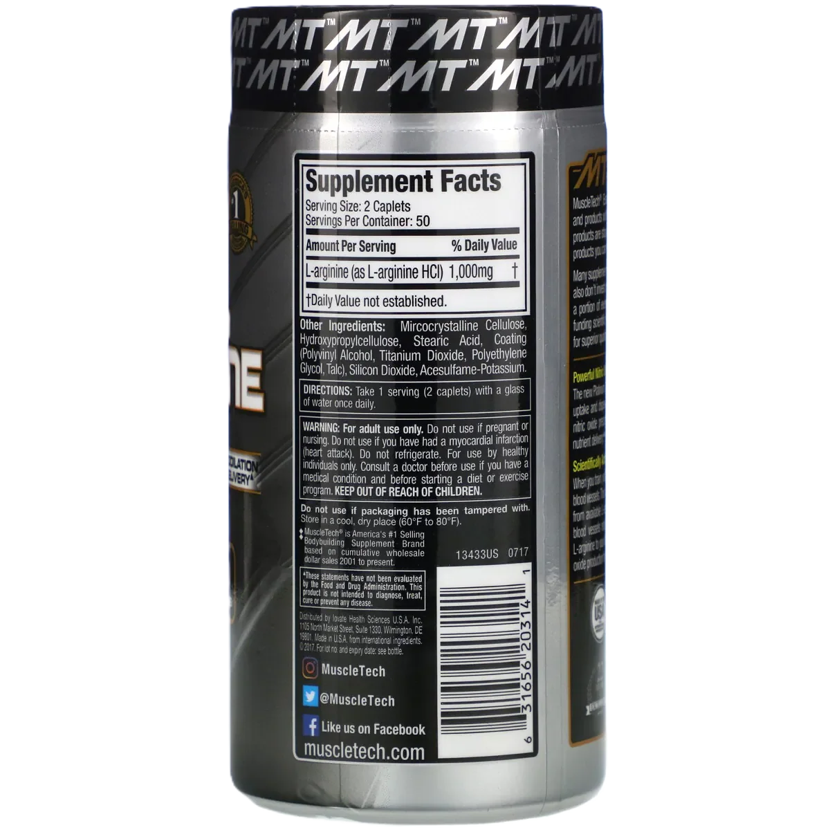 Muscletech Platinum L-Arginina 100 tabletas informacion nutricional