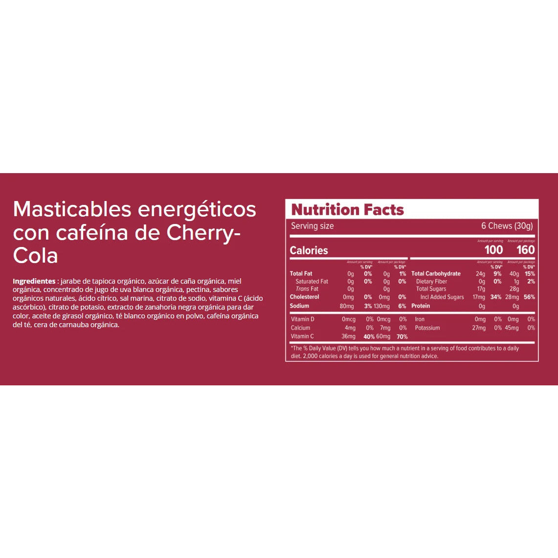 Honey Stinger Gomitas Energéticas 12 Pack Cherry Cola Informacion nutricional