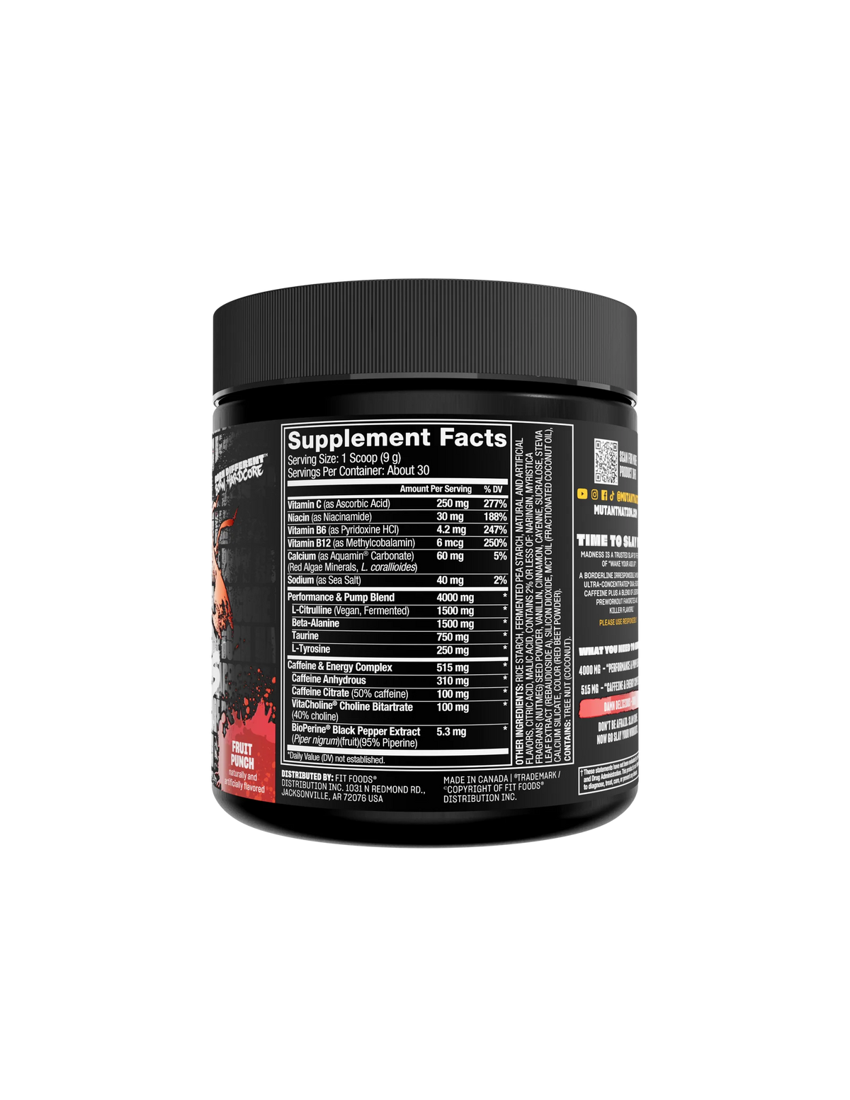 Mutant madness 30 servicios pre entreno Informacion Nutricional