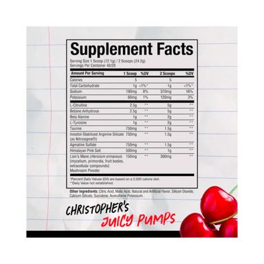 Raw Nutrition Christopher´s Juicy Pumps Pre Entreno 484g 40 servicios informacion nutricional