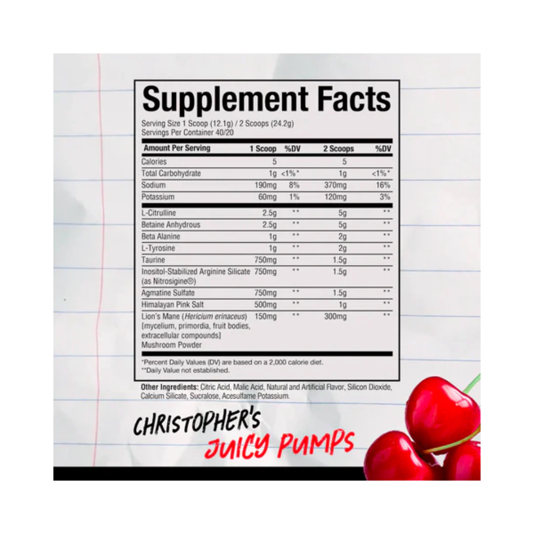 Raw Nutrition Christopher´s Juicy Pumps Pre Entreno 484g 40 servicios informacion nutricional