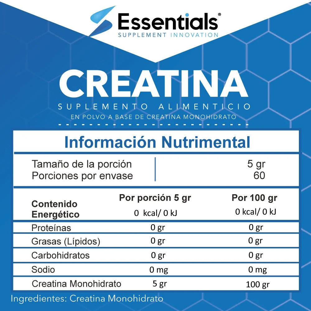 ESSENTIAL CREATINA MONOHIDRATADA 300GR 60 SERV informacion nutricional