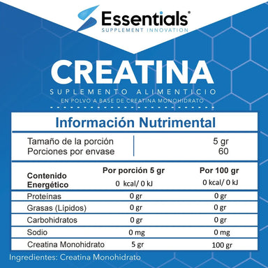 ESSENTIAL CREATINA MONOHIDRATADA 300GR 60 SERV informacion nutricional