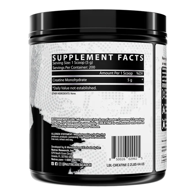 Nutrex Creatina Monohidratada 1 kg 200 Servicios informacion nutricional