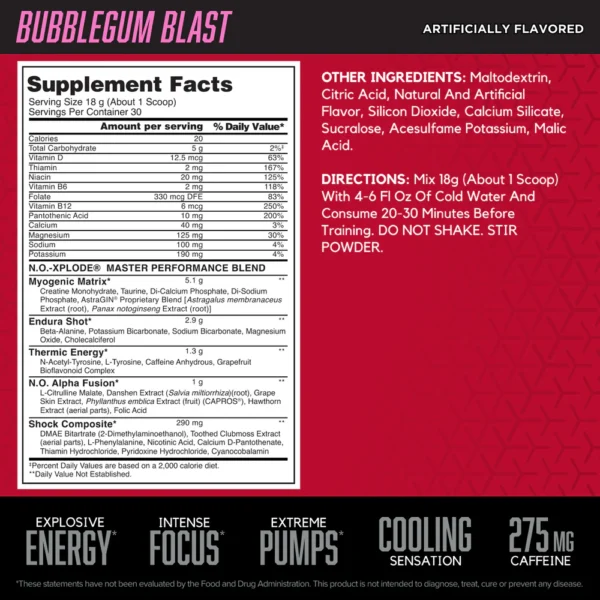 BSN No Xplode Cool Rush Pre Entreno 540g 30 Servicios Informacion nutricional