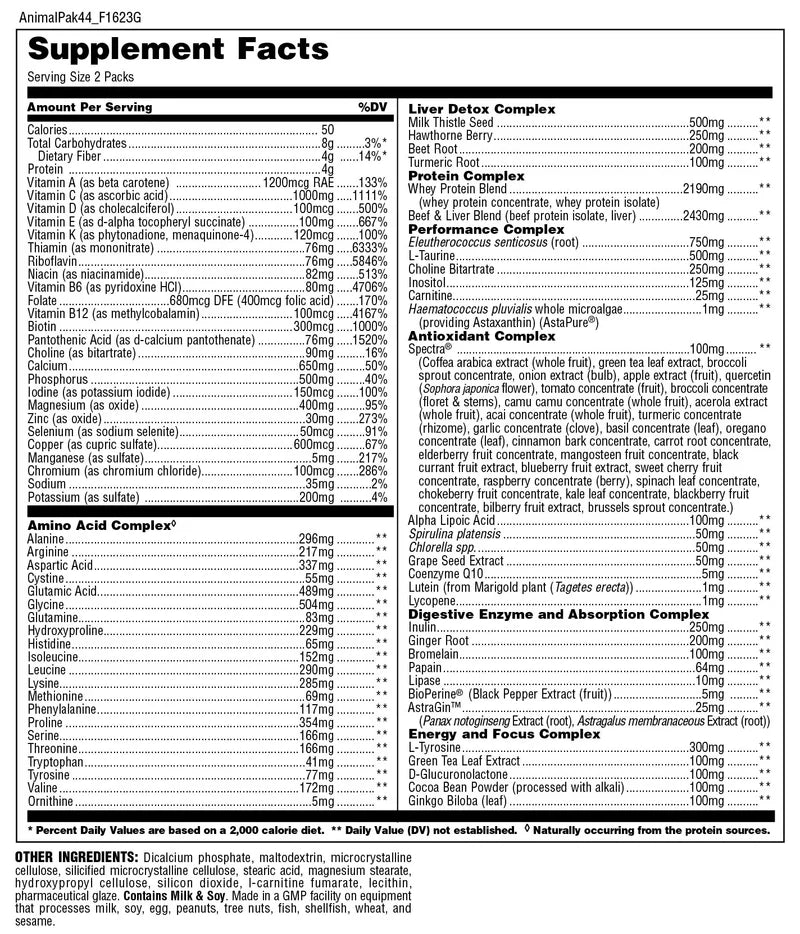 Universal Animal Pak 30 servicios Multivitaminico informacion nutricional