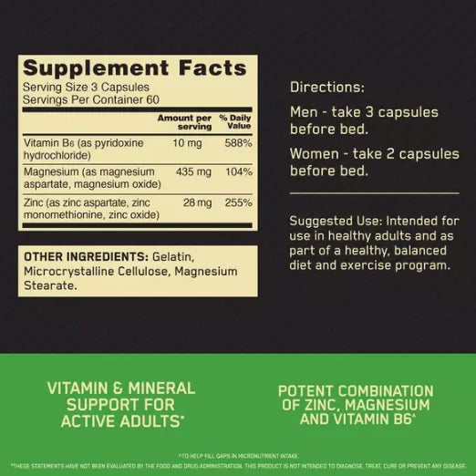 Optimum Nutrition ZMA 180 Capsulas 60 servicios Informacion nutricional
