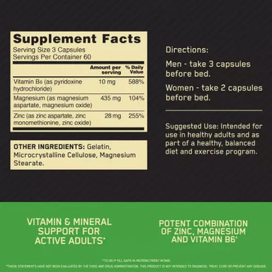 Optimum Nutrition ZMA 180 Capsulas 60 servicios Informacion nutricional