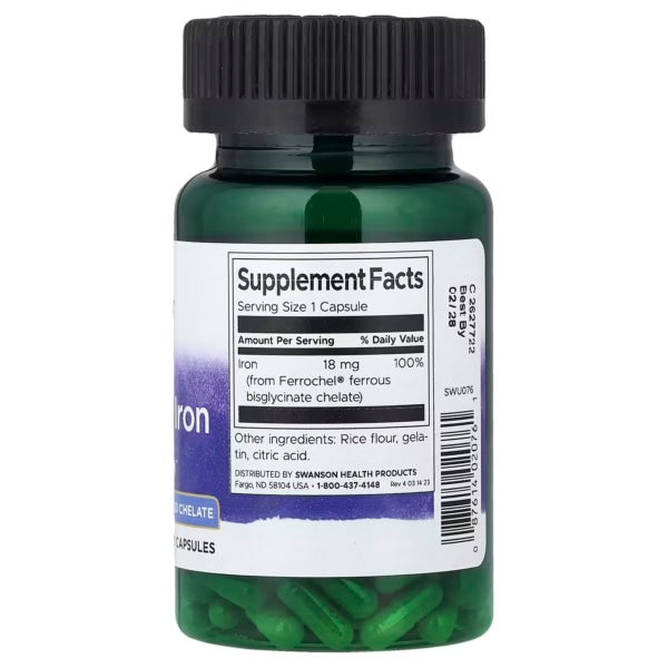 Swanson Ferrochel Iron 18 Mg 180 Capsulas Informacion nutricional