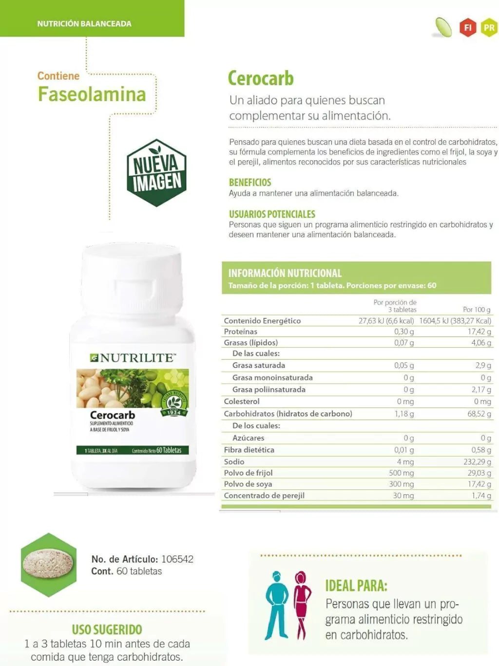 Nutrilite Cerocarb 60 Tabletas Informacion nutricional