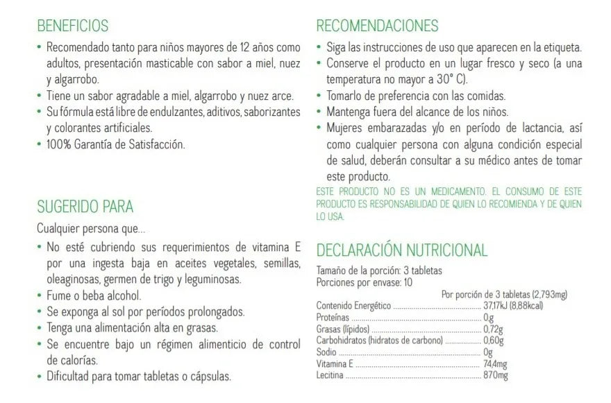 Nutrilite Lecitina + Vitamina E 60 Tabletas Masticables informacion nutricional