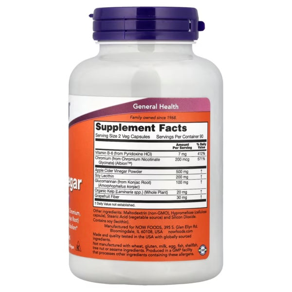 Now Foods Apple Cider Vinegar 180 Caps Informacion nutricional