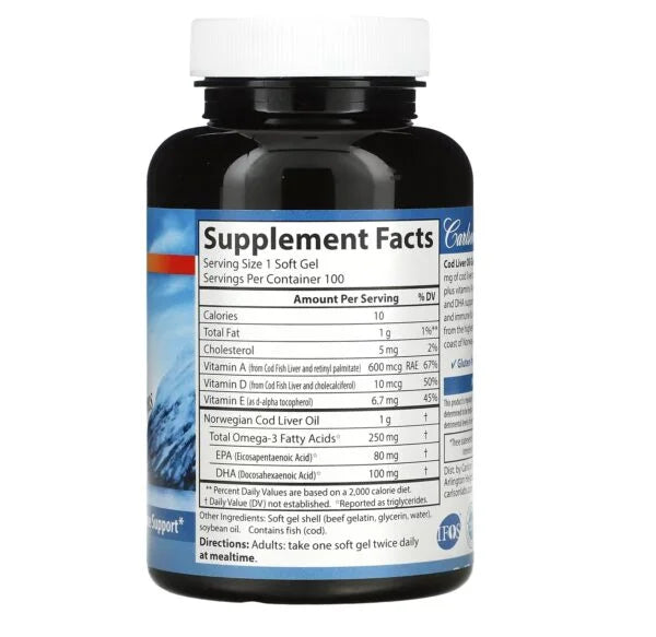 Aceite de Hígado de Bacalao 1000 mg 100 softgels Informacion nutricional