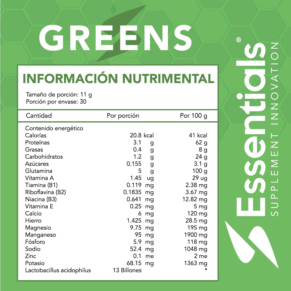 Essentials Greens 330g 30 Servicios Informacion nutricional