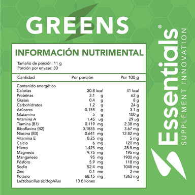 Essentials Greens 330g 30 Servicios Informacion nutricional