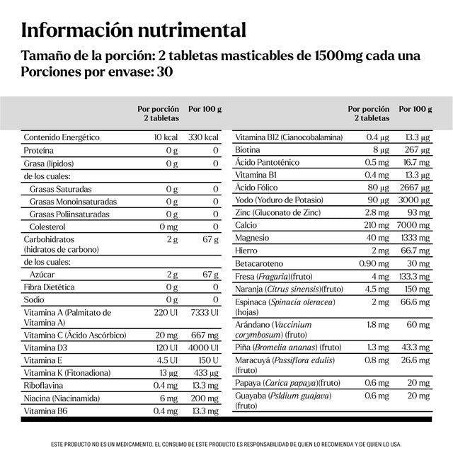 Nutrilite Daily kids 60 Tabletas Masticales Fresa-Naranja Informacion nutricional