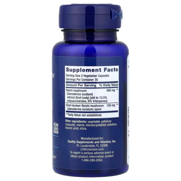 Life Extension Reishi Extract Mushroom Complex 60 Capsulas Vegetarianas Informacion nutricional