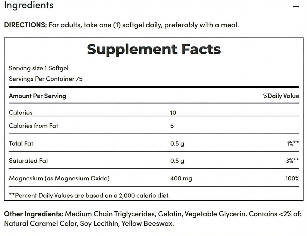 Nature's Bounty Magnesium 400mg 75 capsulas Informacion nutricional