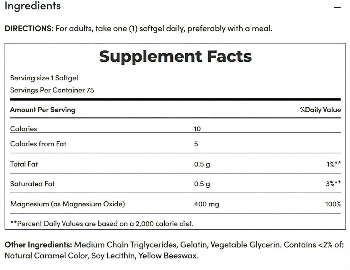 Nature's Bounty Magnesium 400mg 75 capsulas Informacion nutricional