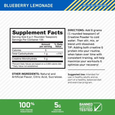 Optimum Nutrition Creatina Blueberry Lemonade 135 Servicios Informacion nutricional