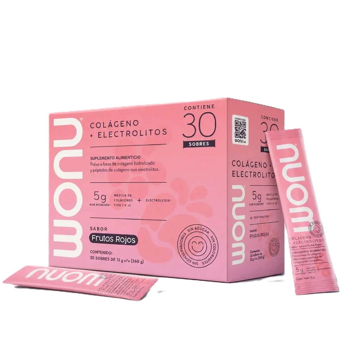 Wonu Colágeno + Electrolitos 30 Sobres De 12g c/u Sabor Frutos Rojos
