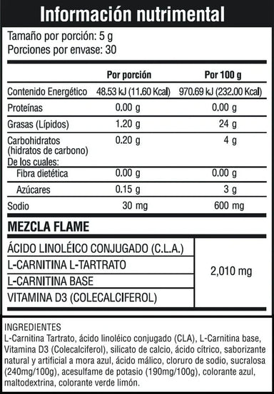 Musclefit Flame Carnitina + Cla 30 Servicios informacion nutricional