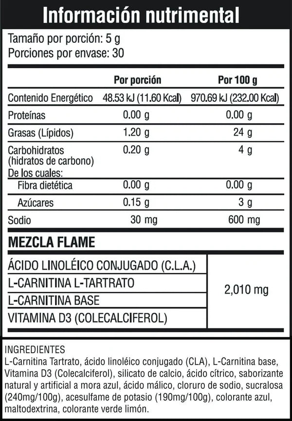 Musclefit Flame Carnitina + Cla 30 Servicios informacion nutricional