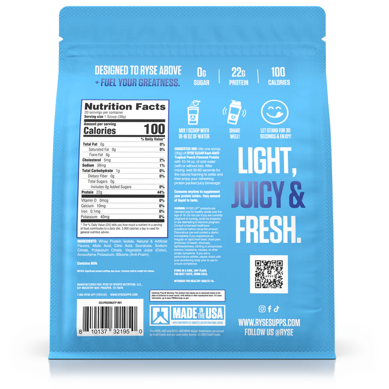 Ryse Clear Protein 580gr 20 Servicios Kool Aid Tropical Punch  Informacion nutricional