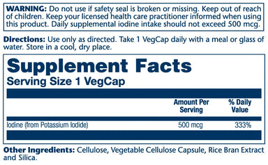 Solaray Iodine (Yodo) 500mcg, 30 Capsulas Vegetales Informacion nutricional