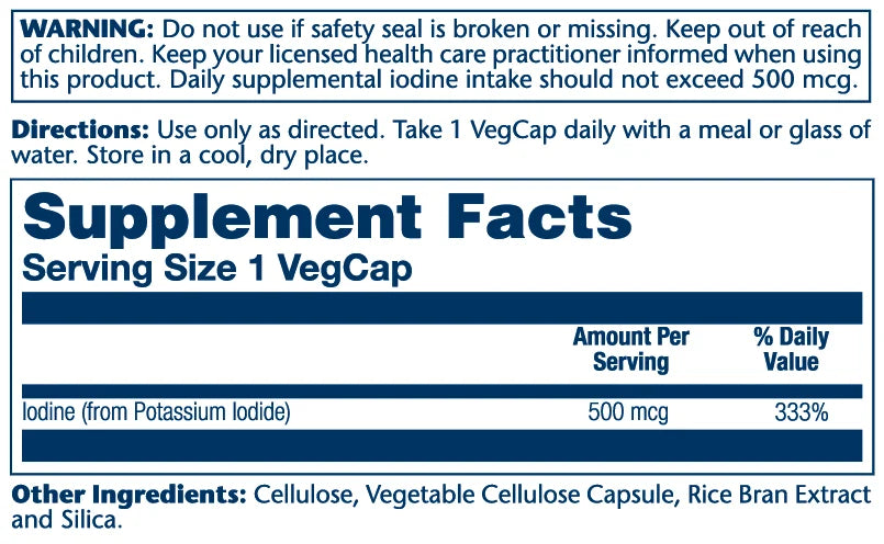 Solaray Iodine (Yodo) 500mcg, 30 Capsulas Vegetales Informacion nutricional