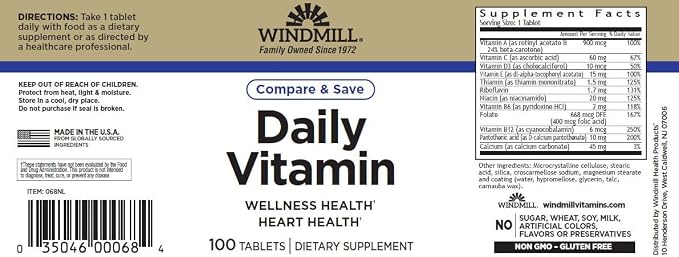 Windmill Daily Vitamin 100 Tabs Informacion nutricional
