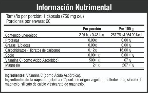 Musclefit Vitamina C 60 capsulas Informacion Nutricional