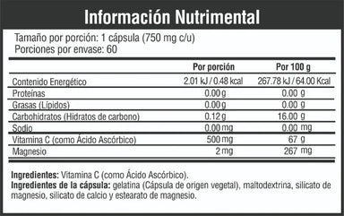 Musclefit Vitamina C 60 capsulas Informacion Nutricional