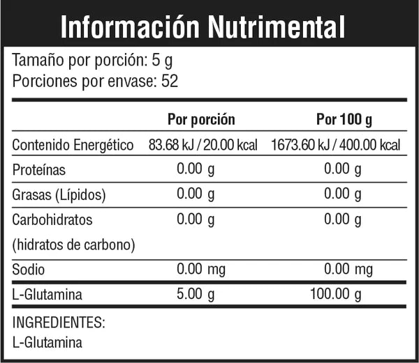 Musclefit Recharge 260 Gramos 52 Servicios Glutamina informacion nutricional
