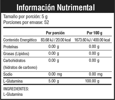 Musclefit Recharge 260 Gramos 52 Servicios Glutamina informacion nutricional