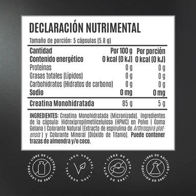 Birdman Creatina Monohidratada 125 Cápsulas Informacion nutricional