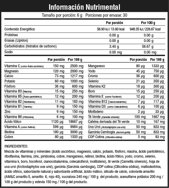 Musclefit Vifem 180gr 30 Porciones Vitaminas Y Minerales informacion nutricional