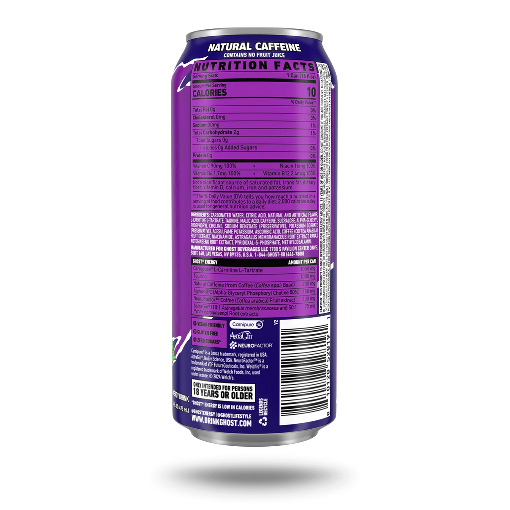 Ghost Energy Drink 16oz 12 Pack Welch's Grape Informacion nutricional