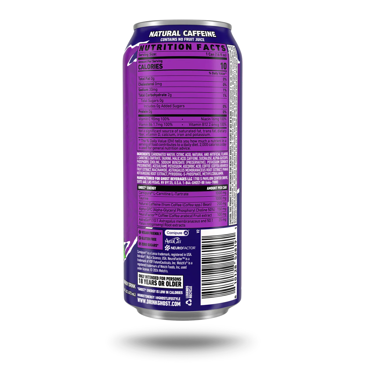 Ghost Energy Drink 16oz 12 Pack Welch's Grape Informacion nutricional