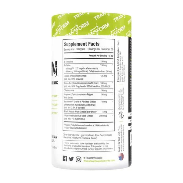 Transform Burn Advance Thermogenic 60 Capsulas Informacion nutricional