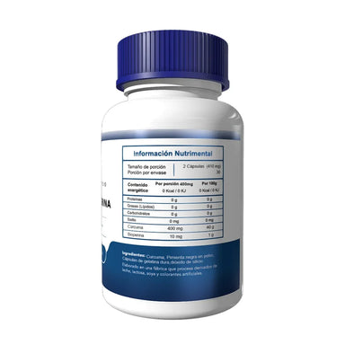 Essentials Turmeric + Bioperina 60 Capsulas a base de Curcuma informacion nutricional