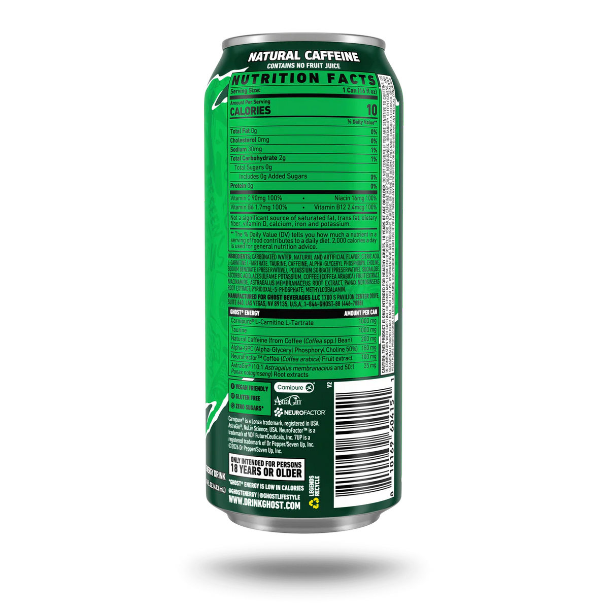 Ghost Energy Drink 12 Pack Seven Up Lemon Lime Informacion nutricional