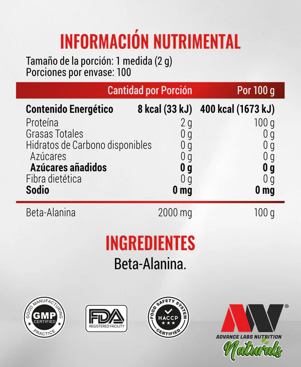 Advance Nutrition Beta Alanina 200gr 100 Servicios informacion nutricional